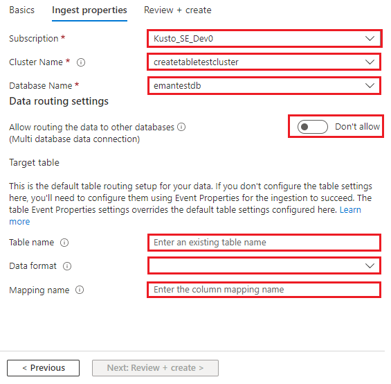 Screenshot of Ingest properties tab for Event Grid ingestion in storage account of Azure portal.