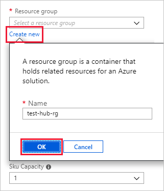 Screenshot of the Azure portal U I, showing the Create new resource group dropdown.