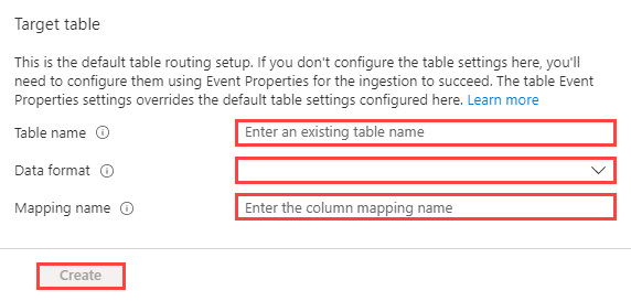 Screenshot of the Azure Data Explorer web U I, showing the Target table form for default routing settings for ingesting data into event hub.