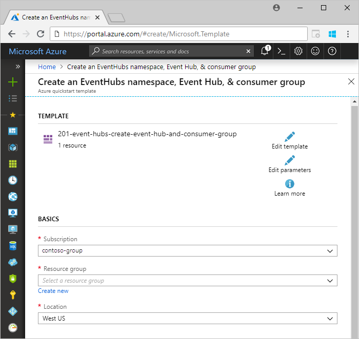 Screenshot of the Azure portal U I, showing the Create an event hub form.