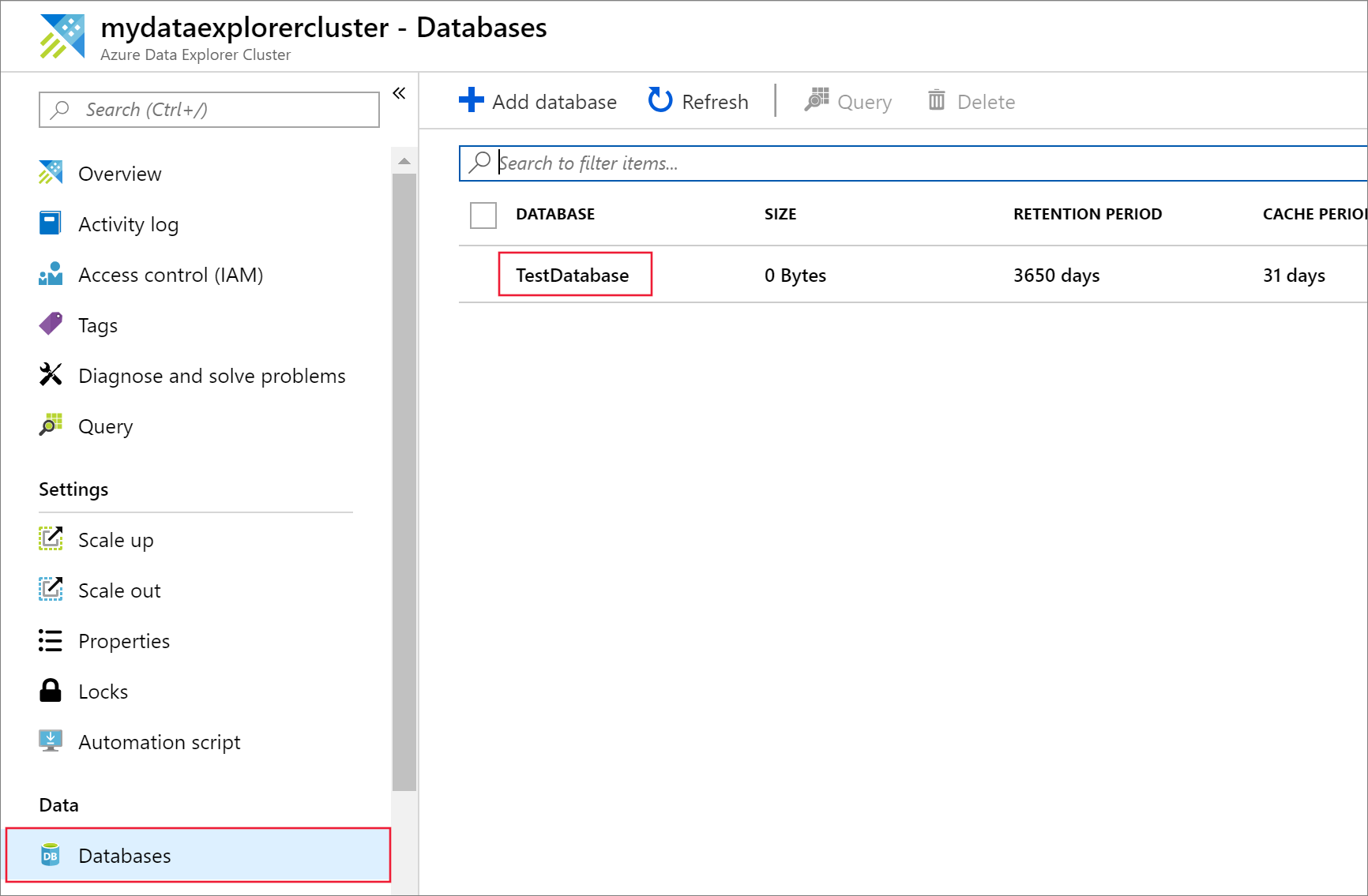Screenshot of Azure Data Explorer web U I left menu, showing the Test Database item, selected.