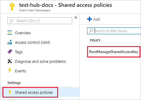 Screenshot of the Azure Data Explorer web U I left menu, showing the Shared access policies.