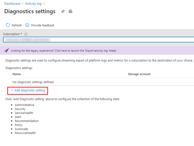 Add diagnostic setting in Diagnostic settings window, Azure Data Explorer portal