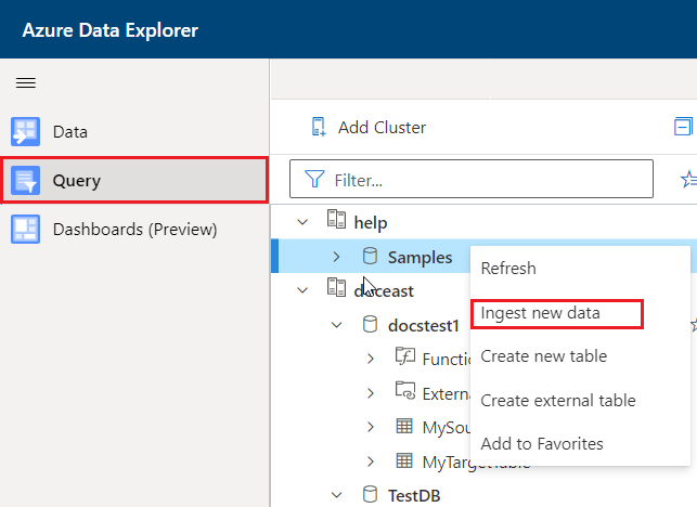 Screenshot of selection of one-click ingestion in the Azure Data Explorer web UI.