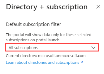 Screenshot of Directory + subscription pane with subscription dropdown highlighted by a red box.
