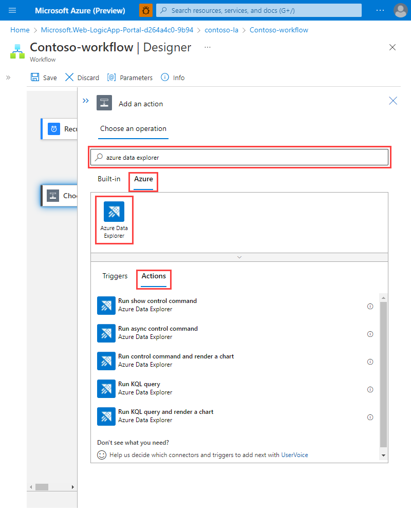 Screenshot of the designer page, showing the Azure Data Explorer actions.