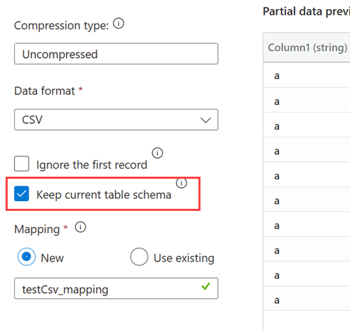 Screen shot showing the 'keep current table schema' option checked when using tabular data format.