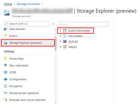 Screenshot access blob containers in Azure Storage account.