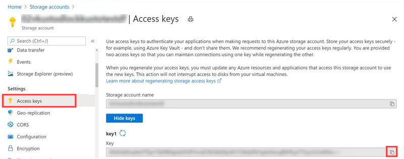 screenshot of Access keys storage account copy Key string.