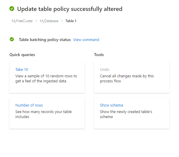 Screenshot of final screen in the update table batching policy wizard for Azure Data Explorer.
