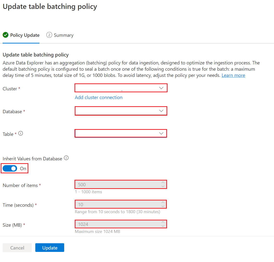 Screen shot of Update table batch policy window. Cluster, Database, Table, and Policy fields must be filled out before proceeding to Update.