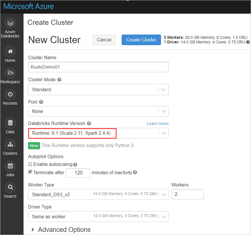 Databricks cluster settings.