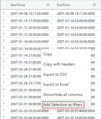 Add selection as filter to query from the grid results in Azure Data Explorer WebUI.