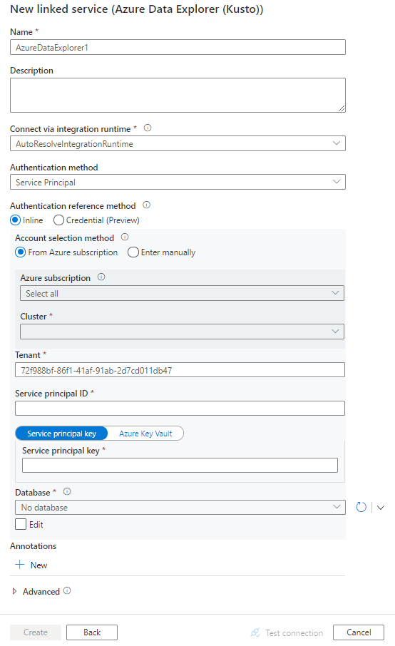 Screenshot of linked service configuration for Azure Data Explorer.