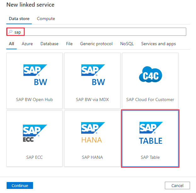Screenshot of the SAP table connector.