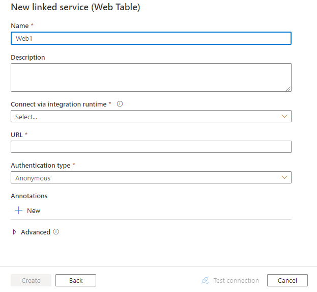 Configure a linked service to Web Table.