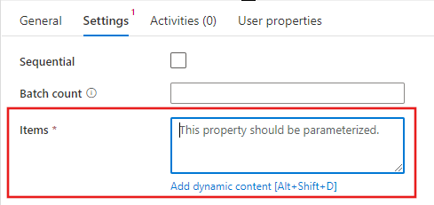 Shows the &nbsp;Add dynamic content&nbsp; link for the Items property.