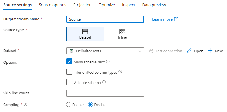 Screenshot that shows the Source settings tab.