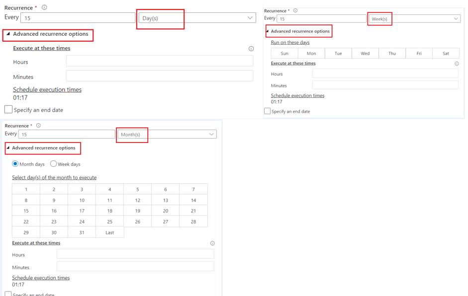 Advanced recurrence options of Day(s), Week(s) or Month(s)