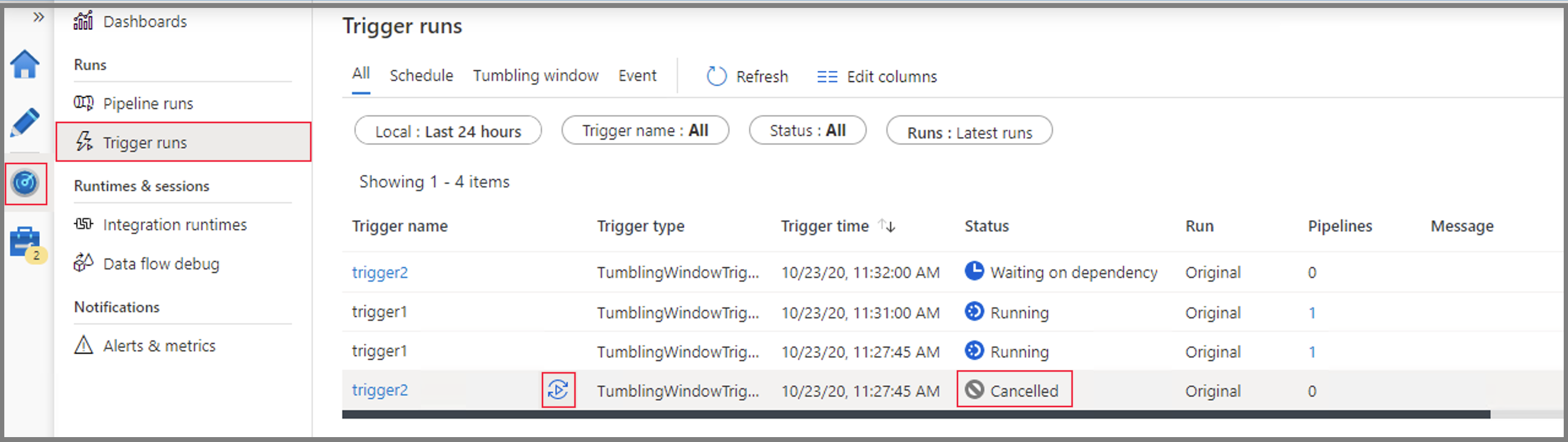 Rerun a tumbling window trigger for previously canceled runs