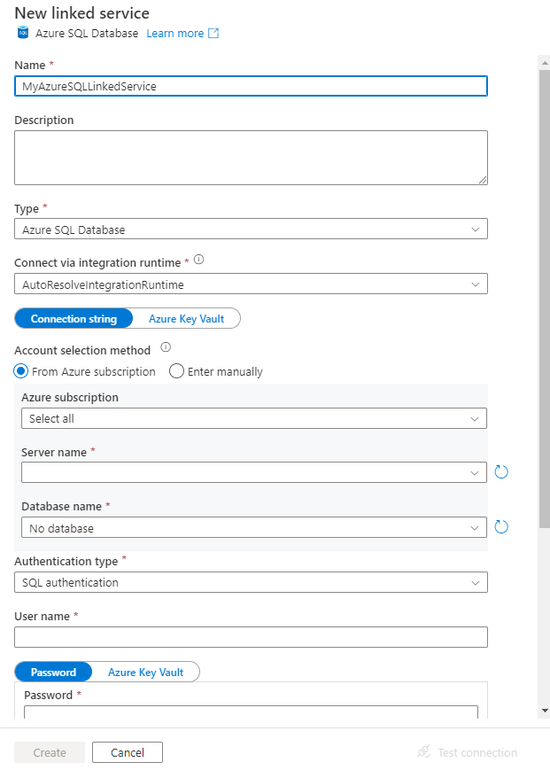 Screenshot that shows the process for adding a new linked service.