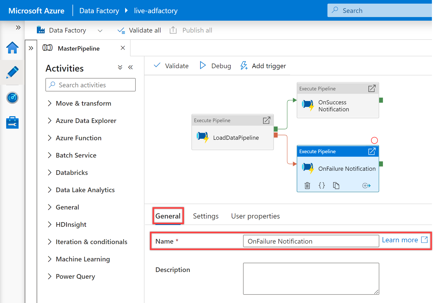 Shows the third &quot;Execute pipeline&quot; activity &quot;OnFailure Notification&quot; general pane for &quot;NotifiyTeamsChannelPipeline&quot; pipeline.