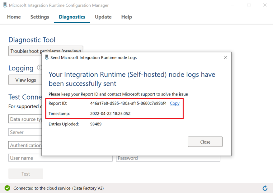 Screenshot of the self-hosted integration runtime's diagnostic log confirmation, with Report ID and Timestamp highlighted.