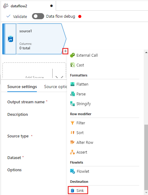 Screenshot showing where to add a sink destination for the data flow.