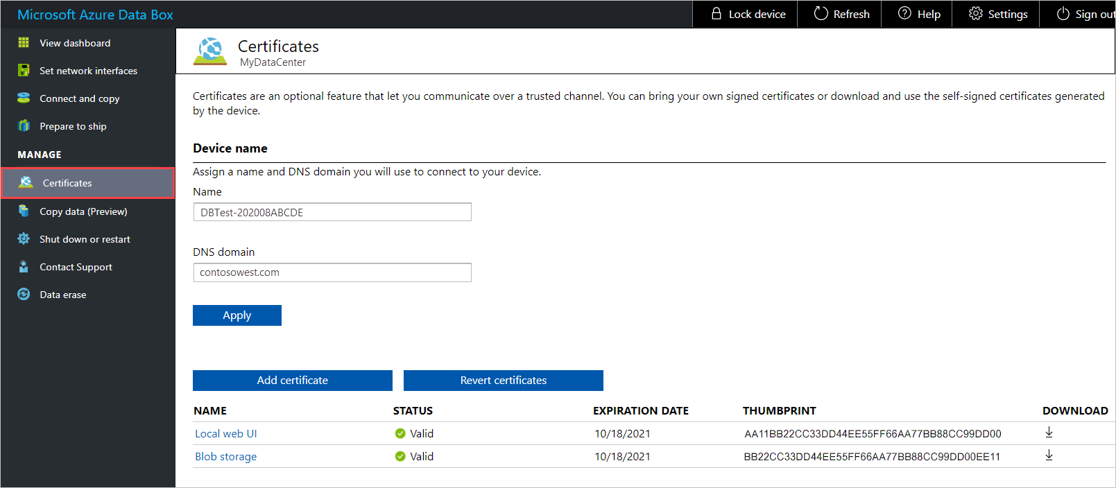 Certificates page for a Data Box device