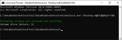 Screen capture showing a successful response from the Data Box Disk Unlock tool containing the drive letter assigned.