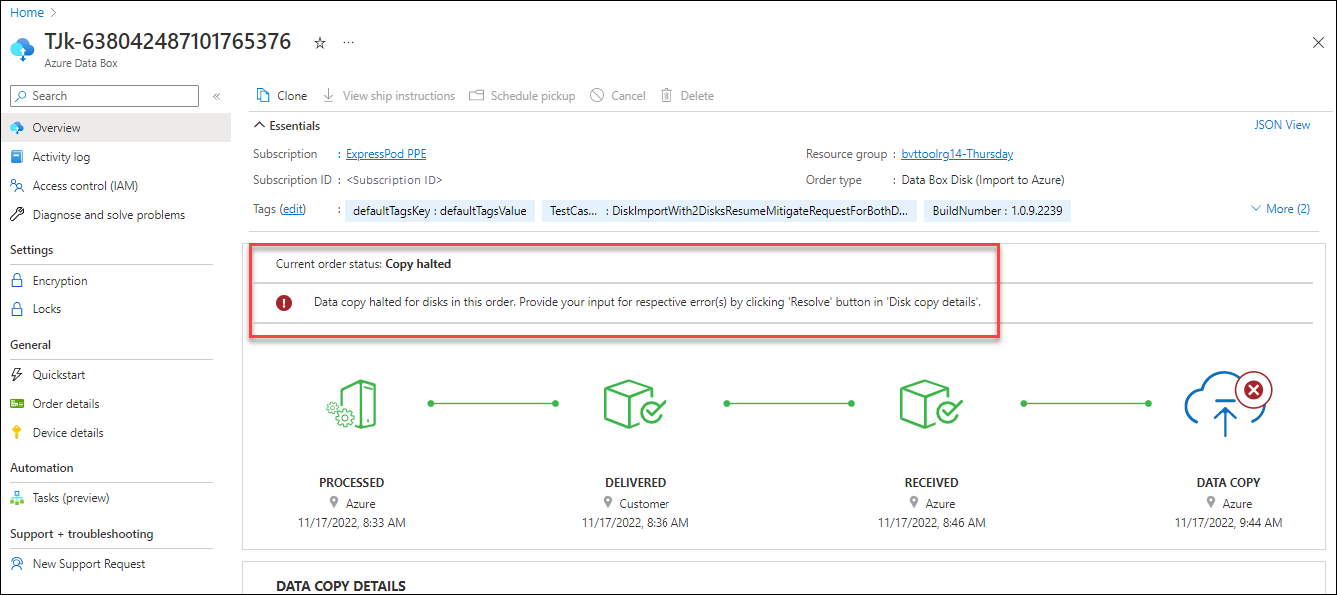 Screenshot of a Data Box Disk order with retryable upload errors.