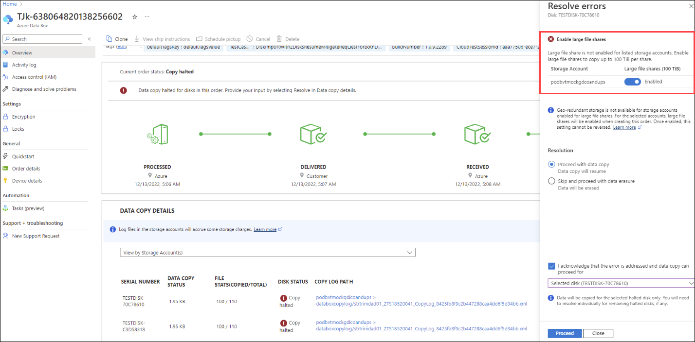 Screenshot of a Data Box Disk order with Resolve errors pane and Enable large file shares highlighted.