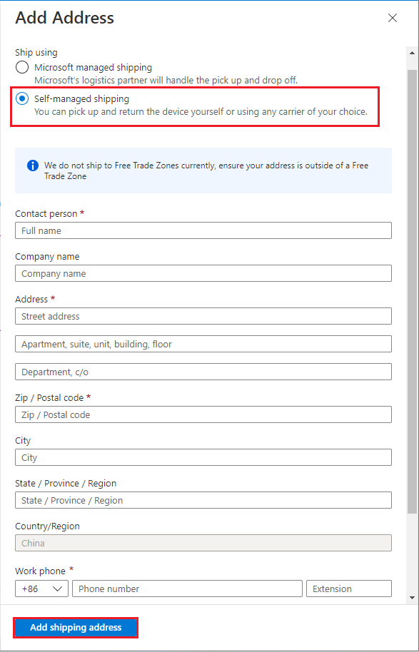 Screenshot of the Add Shipping Address dialog box with the Ship using options and the Add shipping address option called out.