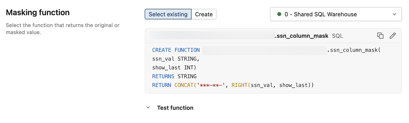 Example ABAC column mask policy settings for the Masking function section.