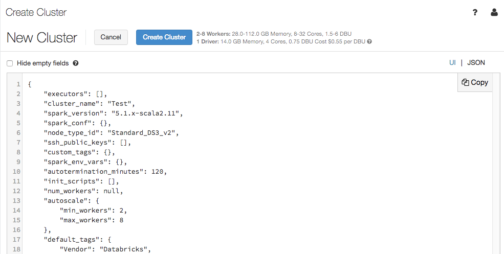 Cluster configuration JSON