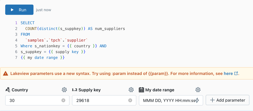 A newly converted dataset query with parameters written with mustache syntax and warning message.