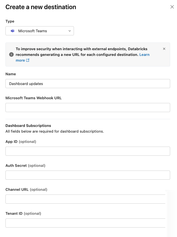 Create new teams destination.