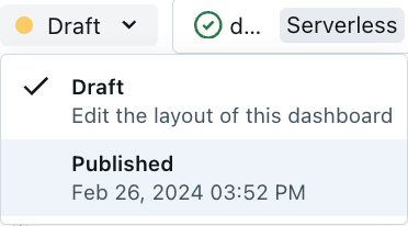 Drop-down menu showing available draft and published dashboard versions.