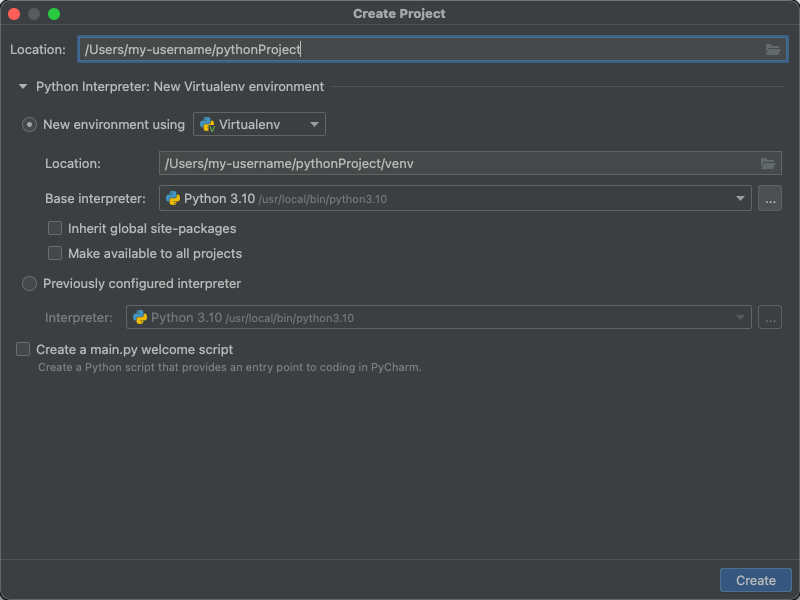 Create the PyCharm project