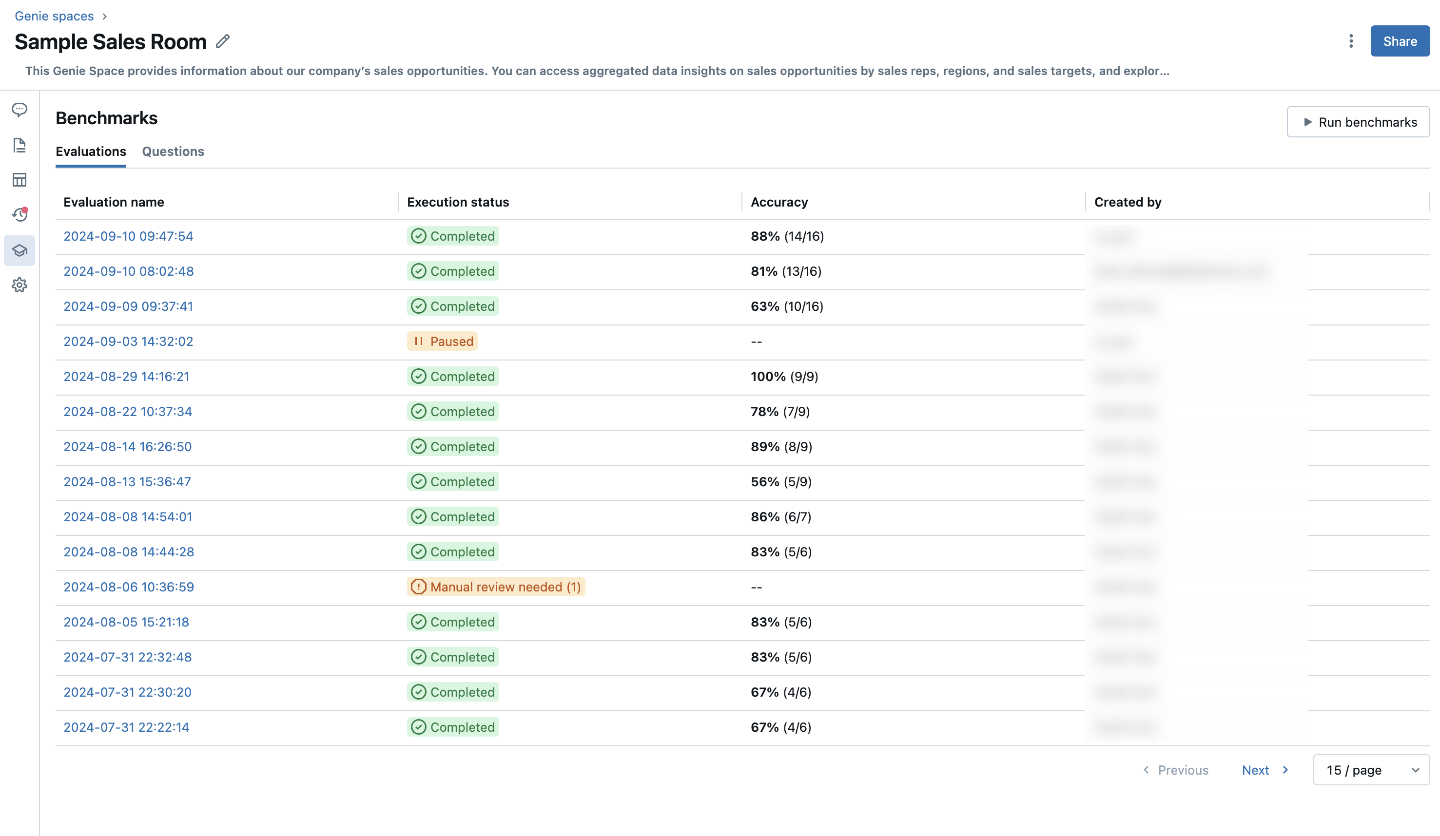 Example benchmarks with accuracy reported on nine questions.