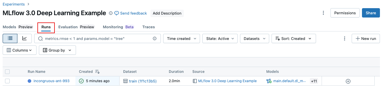 MLflow 3 runs tab showing a deep learning training run.