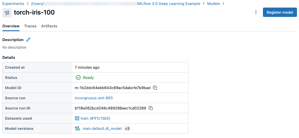 Register model button on model details page.