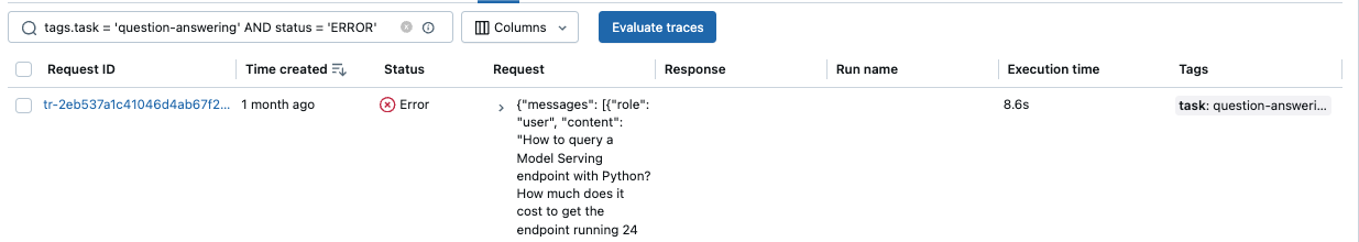 MLflow trace search UI.