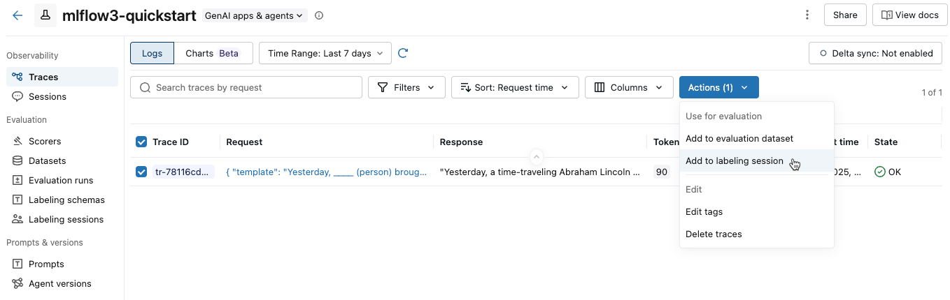 Actions drop-down menu with add to labeling session selected.