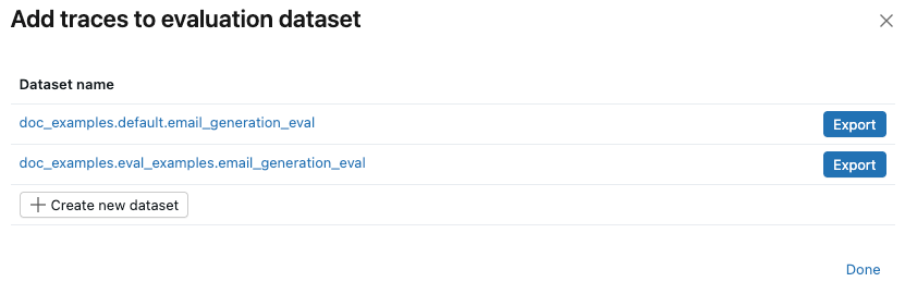 Add traces dialog if with existing evaluation datasets