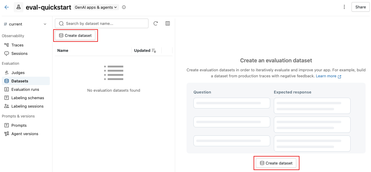 Create dataset button