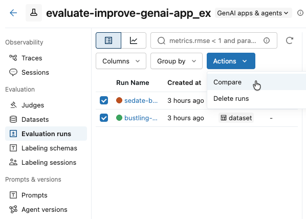 Select runs to compare