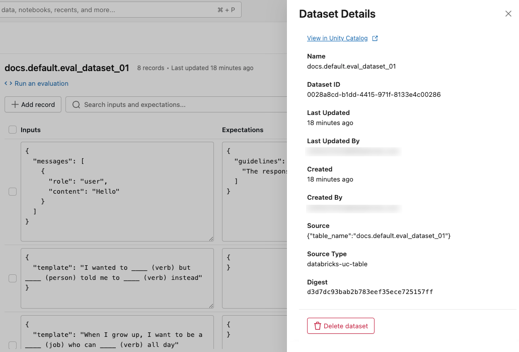 Evaluation dataset show details pane.