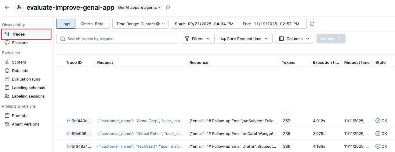 Traces tab in sidebar