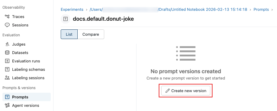 Create new version screen.